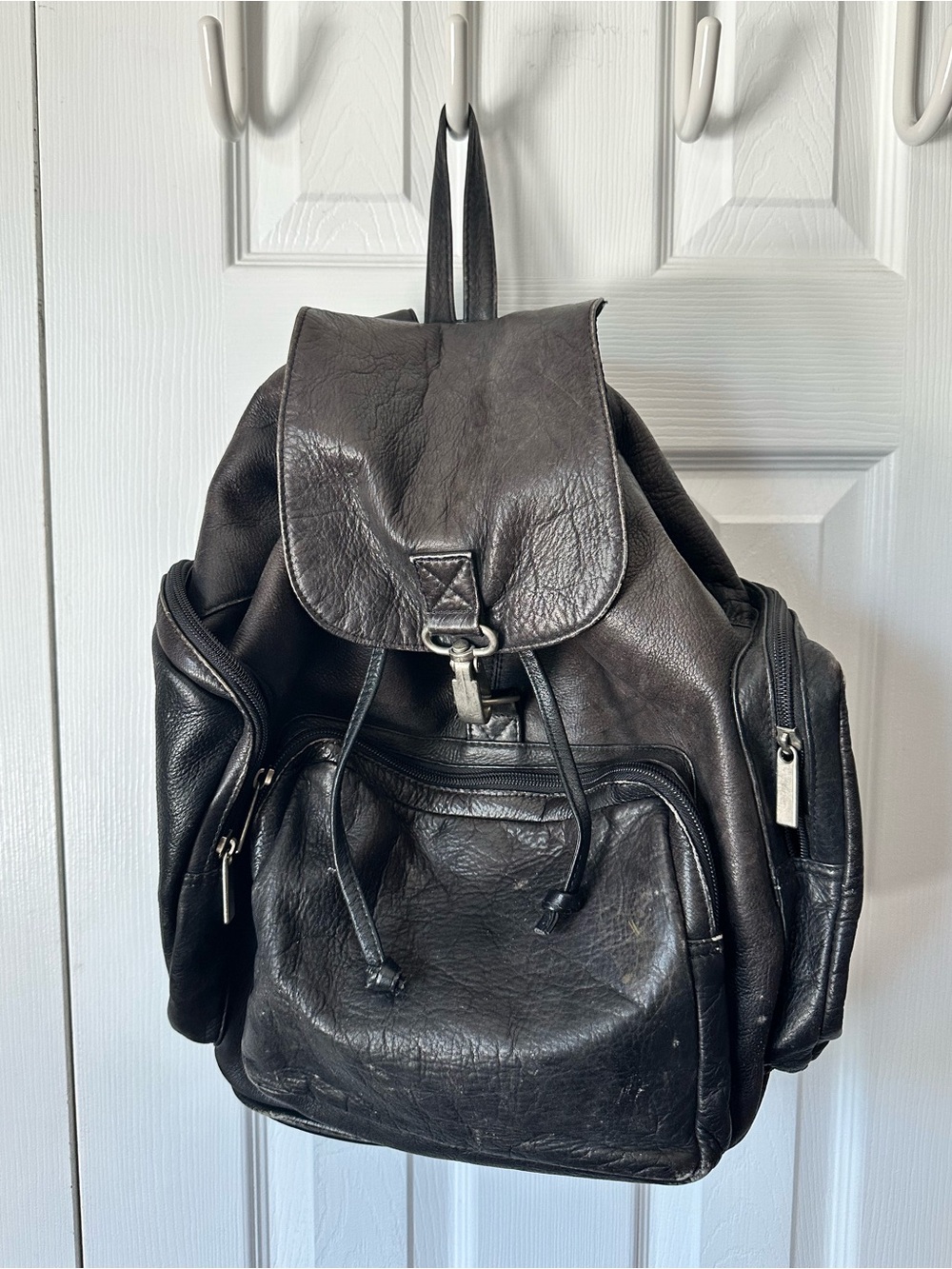 Vintage 90s Genuine Leather Distressed Black Backpack, Knapsack